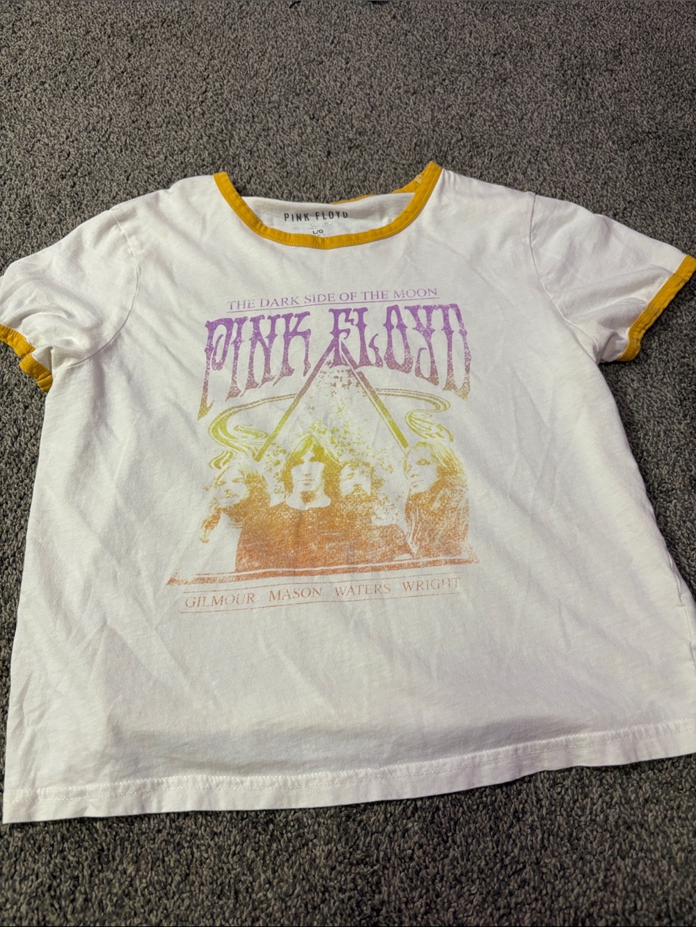 Pink Floyd White Ringer Tee with Yellow Trim and Faded Multicolor Graphic